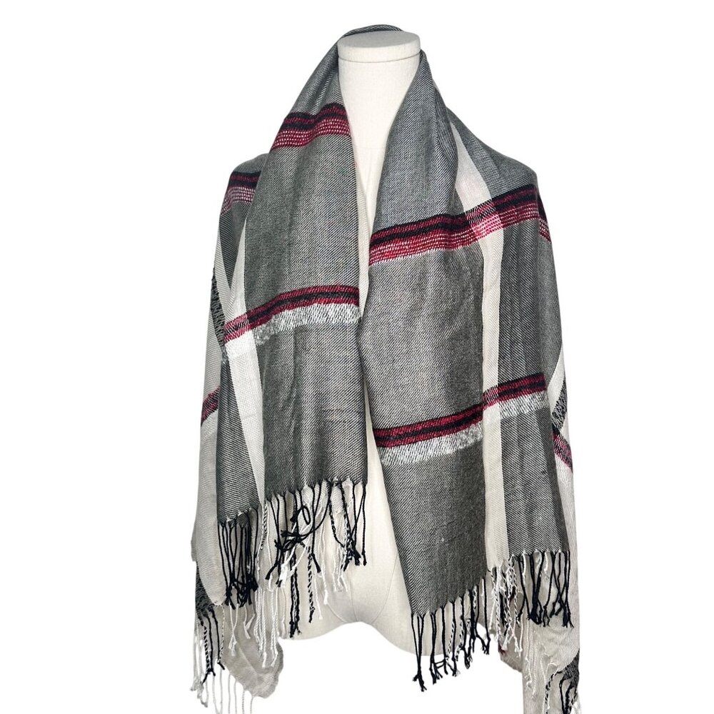 Oversized Plaid Fringe Scarf Tassels Square Gray Red White 50" X 50" Cozy Warm
